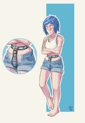 1girls blue_eyes blue_hair chastity_belt chastity_device denim denim_bottomwear denim_clothing denim_shorts female female_chastity female_only femsub fully_clothed lock png short_shorts shorts spaceboy47