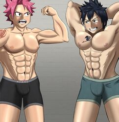 abs biceps bodybuilder fairy_tail flexing gray_fullbuster male male_only multiple_males muscle muscles muscular muscular_armpits muscular_male natsu_dragneel pubic_hair_peek