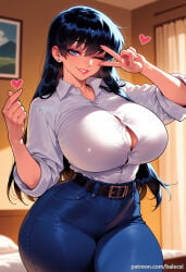 1girl ai_generated arato_nagi balecxi belt black_hair blue_eyes blue_pants curvy denim earrings heart huge_breasts indoors jeans jewelry long_hair looking_at_viewer one_eye_closed patreon_username ruri_no_houseki shirt_tucked_in smile solo thick_thighs v white_shirt