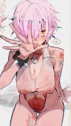 1girl 1girls arm_tattoo big_breasts breasts bunnysuit cleavage commentary fefe_(vtuber) female flower_tattoo hair_over_one_eye highres indie_virtual_youtuber ip_chort large_breasts leg_tattoo leotard leotard_under_clothes multicolored_hair piercing pink_hair playboy_bunny red_leotard see-through_clothes see-through_shirt shirt short_hair solo streaked_hair tattoo thighs tits tongue tongue_chain tongue_out tongue_piercing untranslatable_commentary virtual_youtuber vtuber white_background white_shirt yellow_eyes