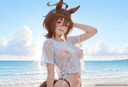 1girl :d agnes_tachyon_(umamusume) ahoge ai_generated alternate_costume animal_ears arm_at_side arm_behind_head arm_up beach bikini bikini_bottom_only black_bikini blue_sky blush breasts brown_hair cloud cloudy_sky collarbone covered_nipples day diffraction_spikes earrings hair_between_eyes highleg highleg_bikini horizon horse_ears horse_girl horse_tail jewelry kermixx large_breasts looking_at_viewer medium_breasts medium_hair navel nipples no_bra ocean open_mouth outdoors red_eyes sand see-through see-through_shirt see-through_silhouette shirt short_hair short_sleeves single_earring sky smile solo stomach sun sunlight swimsuit t-shirt tail teeth tied_shirt umamusume upper_body upper_teeth_only water water_drop wet wet_clothes wet_hair wet_shirt white_shirt