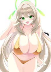 :d blue_archive blush curvy hand_wave happy huge_breasts luxuria nonomi_(blue_archive) nonomi_(swimsuit)_(blue_archive) smile thick_thighs wide_hips