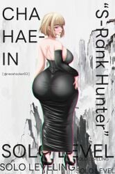 1girls artist_logo artist_name ass big_breasts black_dress blonde_hair boobs breasts cha_hae_in fat_ass huge_ass large_breasts lipstick neoshocker03 purple_eyes short_hair solo solo_female solo_focus solo_leveling text