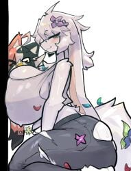 2d 2d_(artwork) ass back_view breast_press breasts breasts_bigger_than_head breasts_visible_from_back bunny_ears bunny_girl cat_ears catboy confetti fur furry furry_only hips hips_wider_than_shoulders huge_ass huge_breasts hyper hyper_ass hyper_breasts male/female ripped_clothes ripped_clothing ripped_pants shiyaa_stuff small_waist squishing_breasts sweat sweating sweaty sweaty_ass sweaty_body waist white_background white_fur wide_hips wide_thighs