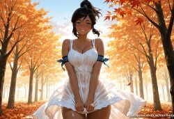 1girl ai_generated armband autumn autumn_leaves bare_shoulders blue_eyes blush breasts brown_hair cleavage collarbone covered_navel cowboy_shot dark-skinned_female dark_skin day dress dress_tug falling_leaves flying_sweatdrops kermixx korra large_breasts leaf looking_at_viewer nature navel no_bra outdoors ponytail see-through sky sleeveless smile solo the_legend_of_korra tree watermark web_address wet wet_clothes white_dress wind