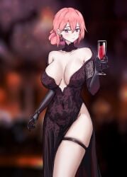 1girl 1girls absurdres big_breasts black_dress black_gloves breasts busty cleavage closed_mouth cup dress drinking_glass earrings elbow_gloves female gloves hair_between_eyes hair_bun highres jewelry kannanii large_breasts looking_at_viewer phase_connect pink_hair purple_eyes revealing_clothes runie_ruse snake_earrings solo thigh_strap thighs tits virtual_youtuber vtuber