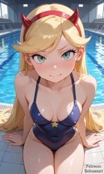 aged_up ai_generated blonde_hair blush curvy green_eyes long_hair looking_at_viewer mature_female paid_reward_available patreon petite sebassart sexy sitting star_vs_the_forces_of_evil sweat swimming_pool swimsuit swimwear tight_clothing tight_fit wet