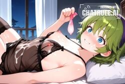 1girl after_sex ai_assisted ai_generated antenna_hair bare_shoulders bedroom black_lingerie black_stockings blue_eyes condom cum_covered cum_on_body cum_on_clothes cum_on_face filled_condom green_hair highres holding_used_condom laying_on_back laying_on_bed messy_hair night nipples on_back panties_aside pleasure purple_hairband shocked_eyes short_hair small_breasts thick_cum tiny_tits white_curtains