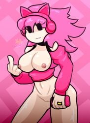 ashley_(oddmod) ashley_wave_trials exposed_breasts exposed_pussy geometry_dash golden_ring middle_finger phone pink_hair simple_background square_eyes yellolight