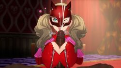 3d 3d_(artwork) 3d_model alternate_version_available ann_takamaki artist_request atlus biracial blonde_hair bodysuit breast_squeeze cum cumming dark-skinned_male dark_skin fat_cock half_japanese hearts_around_head huge_breasts huge_cock japanese_female light-skinned_female light_skin masked_female paizuri paizuri_under_clothes persona persona_5 pigtails skintight_bodysuit takamaki_anne taps teenager thief titjob