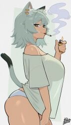 ass breasts cat_ears cat_tail chainsmoker_cat cigarette female female_only green_hair lighter panties smoke thighs yani_neko