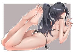 1girl ass bikini black_bikini black_eyes black_hair black_nails border breasts brown_background commentary_request commission cum cum_on_ass cum_on_back cum_on_body cum_on_feet dogs_(dlrkdejr26) feet full_body hair_over_one_eye highres interlocked_fingers korean_commentary large_breasts legs_up long_hair looking_at_viewer lying nail_polish on_stomach original solo swimsuit the_pose thighs toenail_polish toenails toes turning_head variant_set white_border