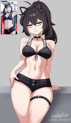 1girls alternate_costume artist_name artist_signature bags_under_eyes big_breasts bikini black_body black_hair breasts cat_ears cleavage cslucaris green_eyes grey_background mature_female milf mother patreon_username ponytail reference_image renee_graves the_coffin_of_andy_and_leyley