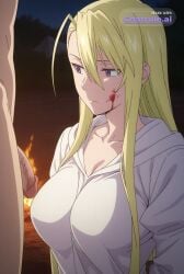 1girl absurdly_long_hair aged_up ai_assisted ai_generated anime_coloring anime_screencap blonde_hair blood_splatter campsite close_up firelight flaccid_penis frowning high_quality juliet_sleeves kneeling long_sidelocks long_sleeves looking_at_penis night outside purple_eyes single_sidelock upper_body very_long_hair white_dress white_robe