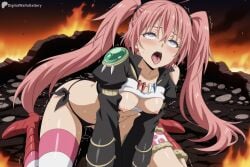 1girl ahegao ahoge ai_generated asymmetrical_legwear black_panties blue_eyes blush boots breasts breasts_out clothes_lift clothing_aside digitalwaifugallery fire hair_between_eyes heart heart-shaped_pupils hi_res high_quality high_resolution kneeling long_hair medium_breasts milim_nava navel nipples open_mouth panties panties_aside patreon patreon_username pink_hair pussy_juice red_footwear rolling_eyes saliva seductive sexy shirt_lift side-tie_panties single_thighhigh sitting solo striped_clothes striped_thighhighs sweat tears tensei_shitara_slime_datta_ken thighhighs tongue tongue_out trembling twintails uncensored underwear very_long_hair wariza watermark web_address
