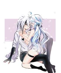 2girls arlecchino_(genshin_impact) ass big_breasts black_and_white_hair blue_and_pink_hair booty booty_shorts censored_nipples feet female/female furina_(genshin_impact) genshin_impact hair_between_eyes legs long_hair open_jacket ponytail sitting_on_lap x_on_nipple yuri