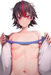 1girl 1girls banitya bare_shoulders belly belly_button black_hair blue_ribbon blush blush_lines blushing blushing_at_viewer breasts closed_mouth clothes_pull collarbone cone cone_horns covered_nipples covering_breasts female_only flat_chest holding holding_object holding_ribbon horn horns light_blush looking_at_viewer multicolored_hair navel no_bra off_shoulder open_clothes open_clothing open_shirt pulling_clothing pulling_own_clothes red_eyes red_hair red_streak ribbon ribbons seija_kijin short_hair simple_background small_breasts small_horn small_horns smile smiley_face smiling smiling_at_viewer sole_female solo solo_female solo_focus stomach streaked_hair touhou undressing upper_body upper_body_focus upper_body_only white_background white_hair white_streak