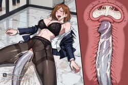 1girl ahegao ai_generated black_bra black_panties blue_jacket blush bra breasts brown_eyes brown_hair cervix cross-section cum cum_in_pussy defeated defeated_heroine ejaculation fucked_silly internal_cumshot jacket jujutsu_kaisen kugisaki_nobara large_breasts lying on_back open_clothes open_jacket open_mouth orgasm panties pantyhose penis pussy rolling_eyes saliva shirt short_hair solo spread_legs stomach_bulge tongue tongue_out torn_clothes torn_legwear trembling uncensored underwear uterus vaginal villain_party69 white_shirt