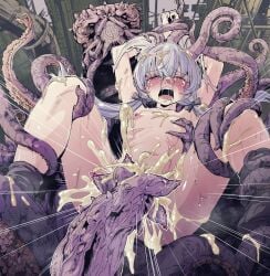 1boy 1girl breasts commentary_request crying cum cum_in_pussy cum_on_body cum_overflow ejaculation female_pubic_hair grabbing_another's_breast groping hetero highres interspecies kotake_standard low_twintails monster nipples nude open_mouth original pubic_hair rape restrained small_breasts spread_legs tears tentacle_sex tentacles teratophilia textless_version twintails vaginal variant_set white_hair