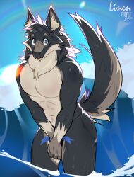 1boy anthro artist_request ass beach embarrassed furry male muscular tagme