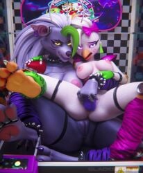 3d_(artwork) 3d_animation animated animatronic arcade avian beak big_breasts bird blackspoiler breasts canid canine canis chicken claw_machine claws clothing dildo duo ear_piercing female/female five_nights_at_freddy's five_nights_at_freddy's:_security_breach fur galliform genitals glamrock_chica hair hi_res looking_at_viewer machine makeup mammal mayosplash_(modeler) nipples on_back on_top penetration phasianid piercing robot roxanne_wolf scottgames sound steel_wool_studios tagme vaginal_penetration video voice_acted white_body wolf