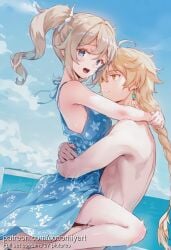 1boy 1girl 2026 aether_(genshin_impact) ahoge ai_generated arms_around_neck arms_around_waist barbara_(genshin_impact) bare_shoulders blonde_hair blue_dress blue_eyes blue_sky blush braid braided_ponytail breasts clothed_female_nude_male clothed_sex cloud cocomiyart day dress drill_hair earrings floral_print genshin_impact hair_between_eyes hetero highres hug implied_sex jewelry long_hair looking_at_another nsfw nude ocean open_mouth outdoors sex single_braid sky sleeveless sleeveless_dress smile straddling sundress twin_drills twintails uncensored water yellow_eyes