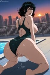 1girl ai_generated anus ass back_cutout barefoot black_hair black_one-piece_swimsuit blush breasts breasts_out cityscape clothing_aside clothing_cutout competition_swimsuit digitalwaifugallery female_masturbation fingering from_behind fubuki_(one-punch_man) green_eyes hi_res high_quality high_resolution kneeling large_breasts looking_at_viewer looking_back masturbation nipples one-piece_swimsuit one-punch_man one_eye_closed open_mouth patreon pool poolside pussy pussy_juice seductive sexy short_hair solo sweat swimsuit swimsuit_aside uncensored watermark wet