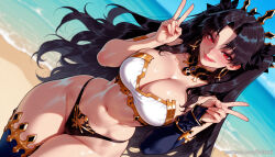 1girl ai_generated balecxi bare_shoulders beach black_bikini black_hair blush cleavage double_v fate/grand_order fate_(series) hoop_earrings ishtar_(fate) ishtar_(fate/grand_order) jewelry large_breasts licking_lips long_hair looking_at_viewer mismatched_bikini navel outdoors parted_bangs patreon_username red_eyes single_thighhigh smile solo swimsuit thighhighs thighs tongue tongue_out two_side_up