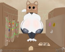 1girl 2026 anthro armwear big_ass big_ass_(female) big_breasts big_butt box box_on_head breasts brown_background butt clothed clothing collar container digital_media_(artwork) domestic_cat fat_ass felid feline felis female fur furry furry_only grey_hair hair hi_res huge_breasts leggings legwear looking_at_viewer mammal mask masterj291 nipples patreon simple_background solo thick_thighs topless topless_anthro topless_female white_body white_fur