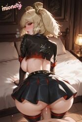 1boy 1girl ai_generated all_fours ass back backboob bed belt black_skirt black_thighhighs blonde_hair blush breasts burnice_white clothed_female_nude_male clothed_sex crop_top doggystyle english_text from_behind gloves heavy_breathing hetero indoors lamp large_breasts long_sleeves looking_at_viewer looking_back miniskirt mionety nude on_bed open_mouth parted_lips penis pillow pleated_skirt pov pussy red_eyes sex sex_from_behind shirt short_hair skirt solo_focus sweat thighhighs twintails uncensored vaginal zenless_zone_zero