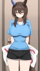 1girls admire_vega_(umamusume) arms_behind_back bedroom_eyes big_breasts blush breasts door eyes_half_open kumiyabe looking_at_viewer pillow shirt short_shorts shorts small_waist sweat thighs umamusume waist