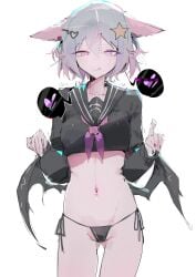 1girl 1girls animal_ears annytf black_panties black_sailor_collar black_shirt commentary demon_girl demon_wings female fox_ears fox_girl grey_hair hair_ornament heart heart_hair_ornament heterochromia highres horny indie_virtual_youtuber ip_chort looking_at_viewer navel panties pink_eyes pink_hair purple_eyes sailor_collar shirt short_hair solo star_(symbol) star_hair_ornament tongue tongue_out underwear untranslatable_commentary virtual_youtuber vtuber white_background wings