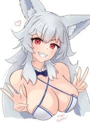 1girl absurdres animal_ear_fluff animal_ears astraline bikini blue_bow blue_bowtie bow bowtie breasts cleavage collar criss-cross_halter detached_collar grey_hair grin hair_between_eyes halterneck highres large_breasts long_hair looking_at_viewer lumi_(merryweather) red_eyes smile solo swimsuit upper_body v virtual_youtuber white_background white_collar wolf_ears wolf_girl