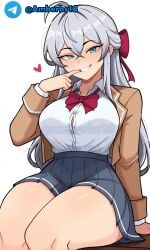 ai_generated alisa_mikhailovna_kujou amberbs18 grin looking_at_viewer sexy_pose sly_smile tagme white_background white_hair