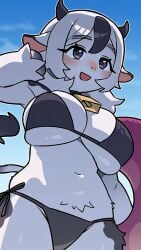 1girl 1girls 2026 2d 2d_artwork 9:16 anthro anthro_female anthro_focus anthro_only bell big_boobs big_breasts bikini bikini_bottom bikini_top blue_eyes blush blushing boobs breasts clothed clothing collar collar_bell cow cow_girl cow_horns cowbell cowbell_collar cute cute_face digital_drawing_(artwork) digital_media_(artwork) eyebrows eyelashes female female_focus female_only hakkimanime hi_res highres horn horns hot sexy simple_background sky sky_background smile smiling solo solo_female solo_focus swimming_ring swimsuit tail white_body white_hair white_skin wholesome