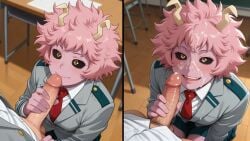 1boy 1girl ai_generated ashido_mina black_sclera boku_no_hero_academia classroom cum cum_on_face facial grey_blazer handjob happy horns motion_lines my_hero_academia naughty_face penis pink_hair pink_skin red_necktie seductive short_hair yellow_eyes