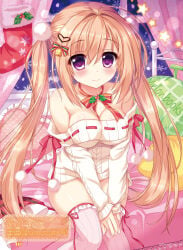 1girl ameto_yuki bed bedroom blonde_hair blush breasts christmas christmas_outfit detached_sleeves hair_ornament hair_ribbon heart-shaped_pillow highres large_breasts looking_at_viewer melonbooks neck_ribbon on_bed original pillow ribbon shirt sitting sitting_on_bed small_but_busty sweater thighhighs tied_hair twintails