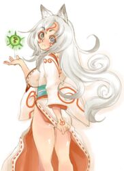 amaterasu animal_ear back blush covering covering_ass curly_hair gijinka grey_eyes issun japanese_clothes kimono legs long_hair okami personification tsuutenkaaku white_hair