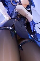 1girls 3d aacharsensei big_breasts clorinde_(genshin_impact) clothed female genshin_impact gloves hand_on_hip low-angle_view pantyhose short_skirt stockings thigh_strap