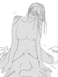 1boy 1girls big_breasts blush censored cleavage completely_nude cowgirl_position female female_focus genderswap_(mtf) gintama katsura_kotarou long_hair monochrome nude rule_63 sketch solo_focus straddling sweat unseen_male_face vaginal_penetration
