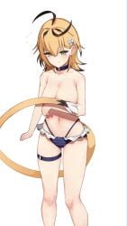 1girl 1girls ahoge bikini black_hair blonde_hair blue_bikini breasts cleavage commentary covering_breasts covering_privates dooby dooby_(summer) embarrassed female flower green_eyes hair_flower hair_ornament highleg highleg_bikini highres indie_virtual_youtuber jerboa_tail large_breasts medium_hair mole mole_on_thigh multicolored_hair navel skaarl_(artist) solo streaked_hair striped_bikini striped_clothes swimsuit thigh_strap thighs tits topless_female virtual_youtuber vtuber white_background
