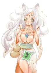 :o amaterasu animal_ear breasts brown_eyes capcom cleavage gijinka issun japanese_clothes large_breasts long_hair okami personification silver_hair tsuutenkaaku