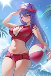 1girl 1girls absurdres akuma_nihmune ball beach beachball big_breasts blue_sky breasts cleavage commentary demon_horns english_commentary facial_mark female hair_between_eyes hair_ornament heart heart_facial_mark highres horns ibbychan indie_virtual_youtuber large_breasts long_hair looking_at_viewer mole mole_under_eye navel one_eye_closed palm_tree purple_hair red_horns red_shorts red_vest red_visor_cap shorts sky solo star_(symbol) star_hair_ornament tanline thighs tits tree vest virtual_youtuber vtuber water whistle whistle_around_neck