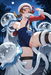 ai_generated breast_sucking defeated empty_eyes hoipo hypnotized lyra_(pokemon) mind_control nihilego nipple_sucking overalls pokemon restrained restrained_by_tentacles shirt_lift tentacle_in_ass tentacle_in_mouth tentacle_sex ultra_beast