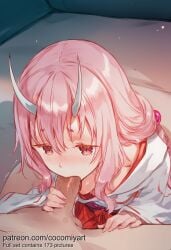 1boy 1girl 2026 ai_generated blush breasts clothed_female_nude_male cocomiyart erection fellatio hair_between_eyes hakama hakama_skirt hetero highres horns indoors japanese_clothes kimono long_hair long_sleeves medium_breasts miko nsfw nude oni oral penis pink_hair pixiv_username red_eyes red_hakama shuna_(tensei_shitara_slime_datta_ken) small_breasts solo_focus tensei_shitara_slime_datta_ken uncensored white_horns white_kimono wide_sleeves