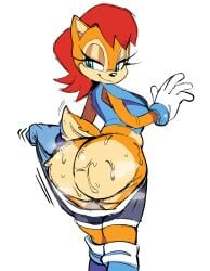 1girls 5_fingers ass ass_cleavage ass_crack ass_focus big_ass big_butt black_shorts blue_eyes butt butt_crack butt_focus chipmunk chipmunk_girl chipmunk_humanoid fat_ass gloves looking_back musk musk_cloud musk_clouds musky musky_butt plump_ass plump_butt pulling_clothing pulling_down_pants pulling_shorts red_hair red_hair_female red_head sally_acorn sin_sational sonic_(series) sonic_the_hedgehog_(series) squirrel squirrel_girl squirrel_humanoid sweat sweatdrop sweating sweaty sweaty_ass sweaty_butt tail white_gloves