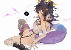 1girl 1girls ass asymmetrical_legwear bare_shoulders black_boots black_hair boots chrchie commentary dark-skinned_female dark_skin female garter_belt garter_straps hair_ornament heart heart-shaped_pupils highres horns indie_virtual_youtuber ip_chort legs lizard lizard_tail long_hair mismatched_legwear multicolored_hair no_pants panties purple_hair purple_horns purple_scales reptile_girl shirt single_sock single_thighhigh socks solo sphere_hair_ornament streaked_hair striped_clothes striped_socks symbol-shaped_pupils tail thighhighs thighs torn_clothes torn_shirt torn_thighhighs underwear untranslatable_commentary virtual_youtuber vtuber white_background white_panties white_shirt yellow_eyes