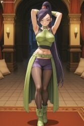 1girl ai_generated armpits arms_behind_head arms_up bare_shoulders belt black_pantyhose black_shirt boots breasts choker closed_mouth crop_top digitalwaifugallery dragon_quest_xi full_body gloves green_belt green_choker green_footwear green_shirt hi_res high_ponytail high_quality high_resolution indoors jade_(dq11) large_breasts long_hair looking_at_viewer midriff navel o-ring pantyhose patreon pillow ponytail purple_eyes purple_hair seductive sexy shirt short_shorts shorts sleeveless solo standing stomach uncensored very_long_hair waist_cape watermark