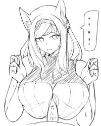 ... 1boy 1girl absurdres animal_ears arknights breasts cat_ears cat_girl cleavage_cutout clothing_cutout commentary_request cropped_torso golding_(arknights) hairband hands_up handsfree_paizuri head_tilt highres huge_breasts ito_(i_too04) long_hair looking_at_viewer monochrome nervous paizuri penis sleeveless spoken_ellipsis sweat
