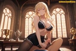 1boy 1girl ahoge ai_generated bare_arms bare_shoulders black_bra black_pantyhose black_shorts blonde_hair blue_shirt blush bra breasts brown_pantyhose candle chalice church cleavage collarbone covered_nipples cup earrings erection gina_(solo_leveling) hair_between_eyes handjob hetero indoors large_breasts long_hair looking_at_viewer lying navel nivora on_back orange_eyes pantyhose parted_lips penis penis_grab pov shorts sitting solo_focus solo_leveling straddling table thighband_pantyhose two-handed_handjob uncensored underwear window